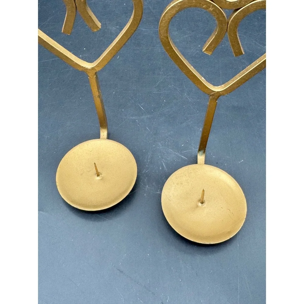 Pair Heart Design Metal Wall Candle Holders Sconces Gold Tone Taper Candle